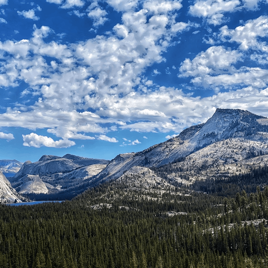 A scenic mountain landscape with a lake in the foreground. The lake is surrounded by dense forests, and towering mountains rise in the background.