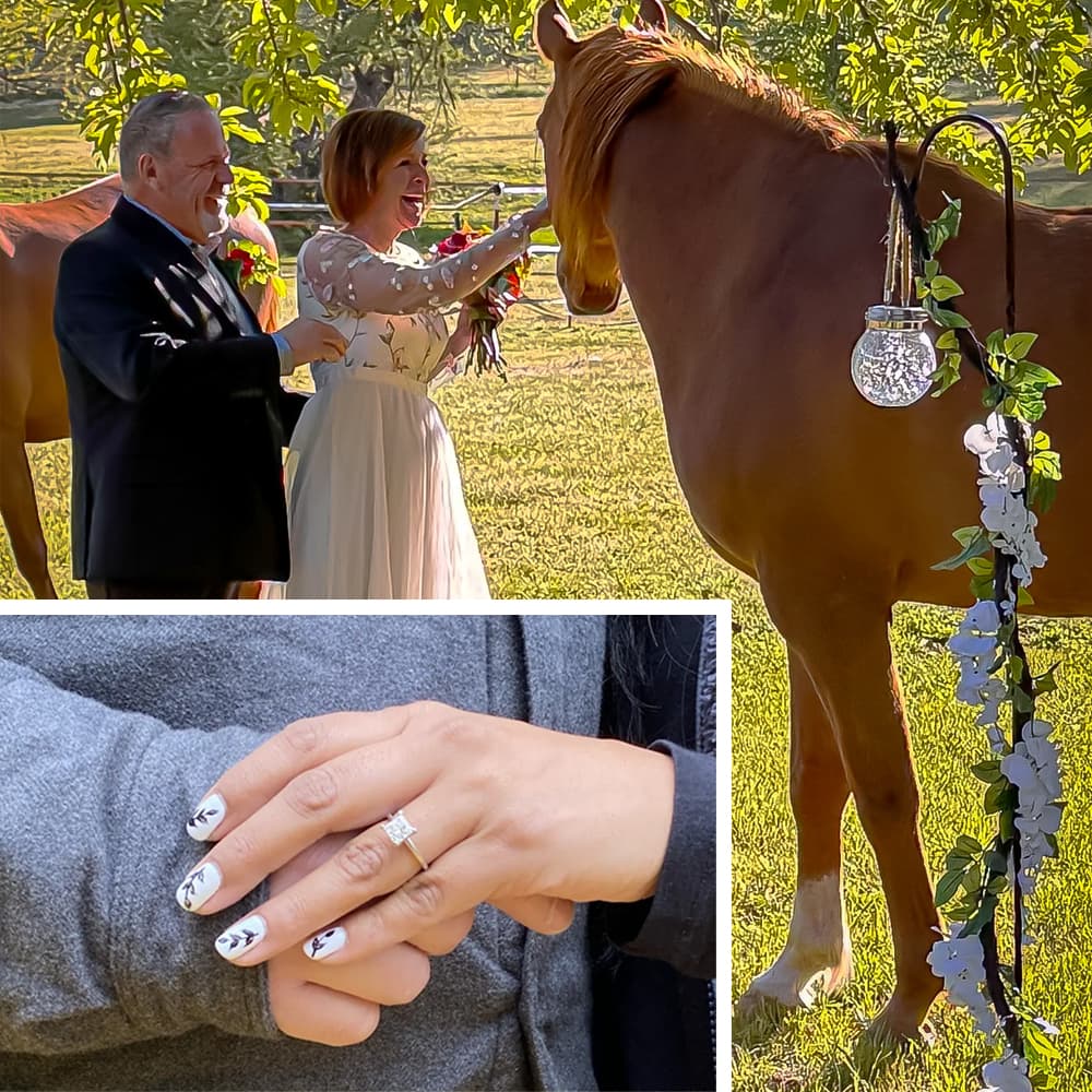 This image showcases a joyful wedding moment where a couple, dressed in wedding attire, is interacting with a horse outdoors in a scenic setting. In the inset, a close-up of a hand with a wedding ring and decorative nail art is prominently displayed, adding a personal and intimate touch to the celebration.