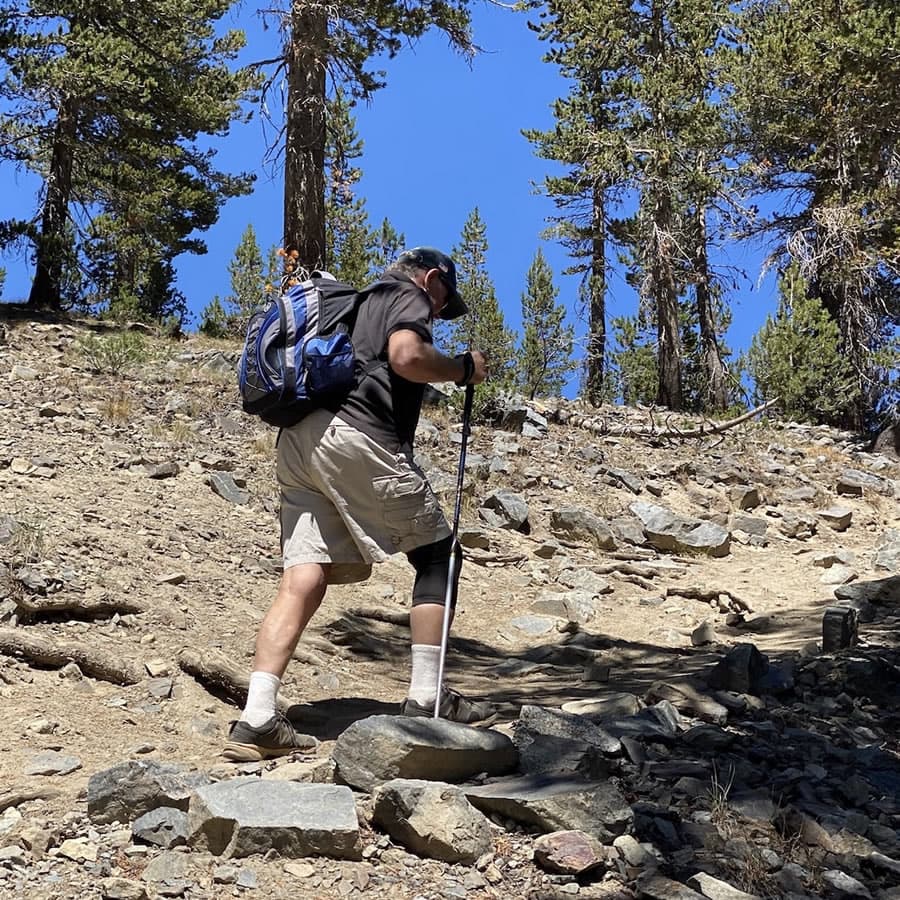 man with hiking pole, blue back pack and baseball cap hiking up rugged slope with pine trees all around